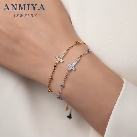 ANMIYA S925 Silver Link Chain Bracelet 18K Gold Silver Cross Christianity Gothic Bracelet