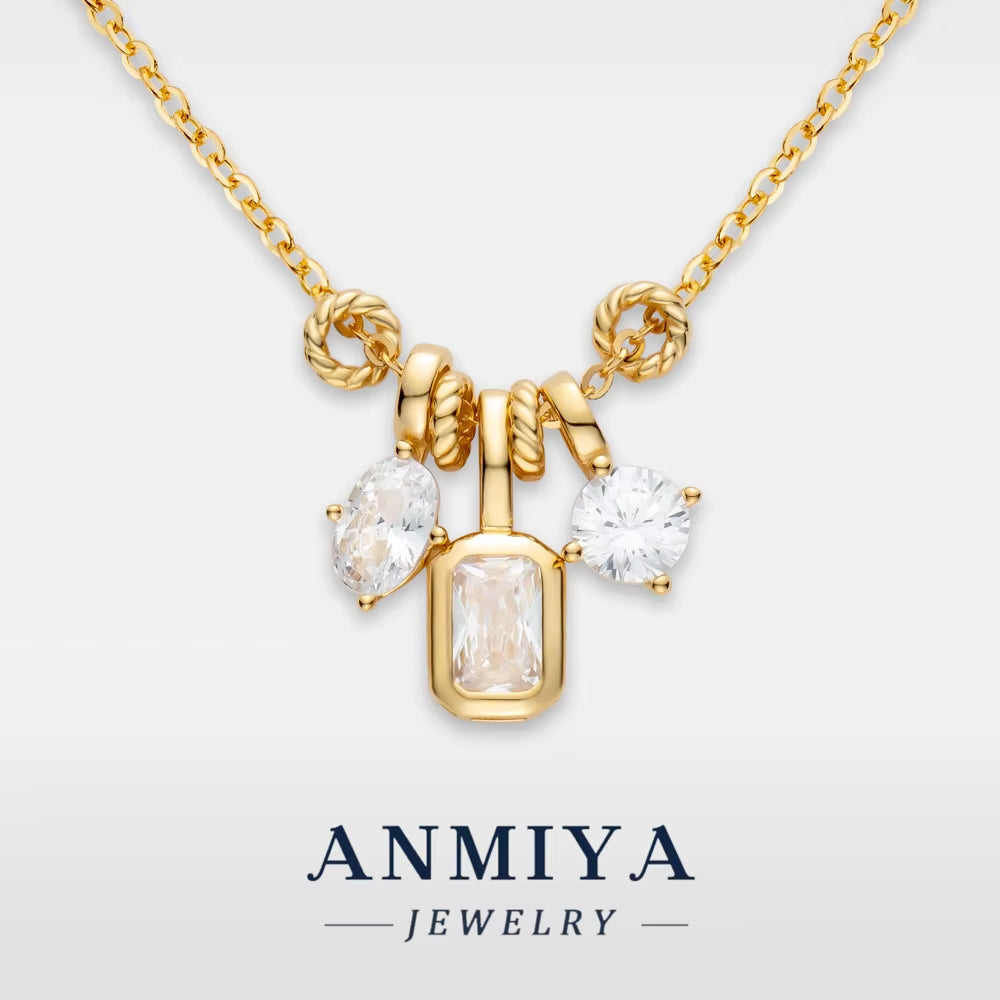 ANMIYA Customizable 14K Gold Plated Triple Zircon Pendant Necklace Delicate 925 Sterling Silver Women'S Jewelry for Parties