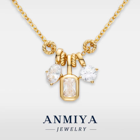 ANMIYA Customizable 14K Gold Plated Triple Zircon Pendant Necklace Delicate 925 Sterling Silver Women'S Jewelry for Parties