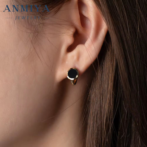 ANMIYA Black round 18K Gold Plated Classic Vintage Fashion Jewelry Hoop Stud for Girl Female Women
