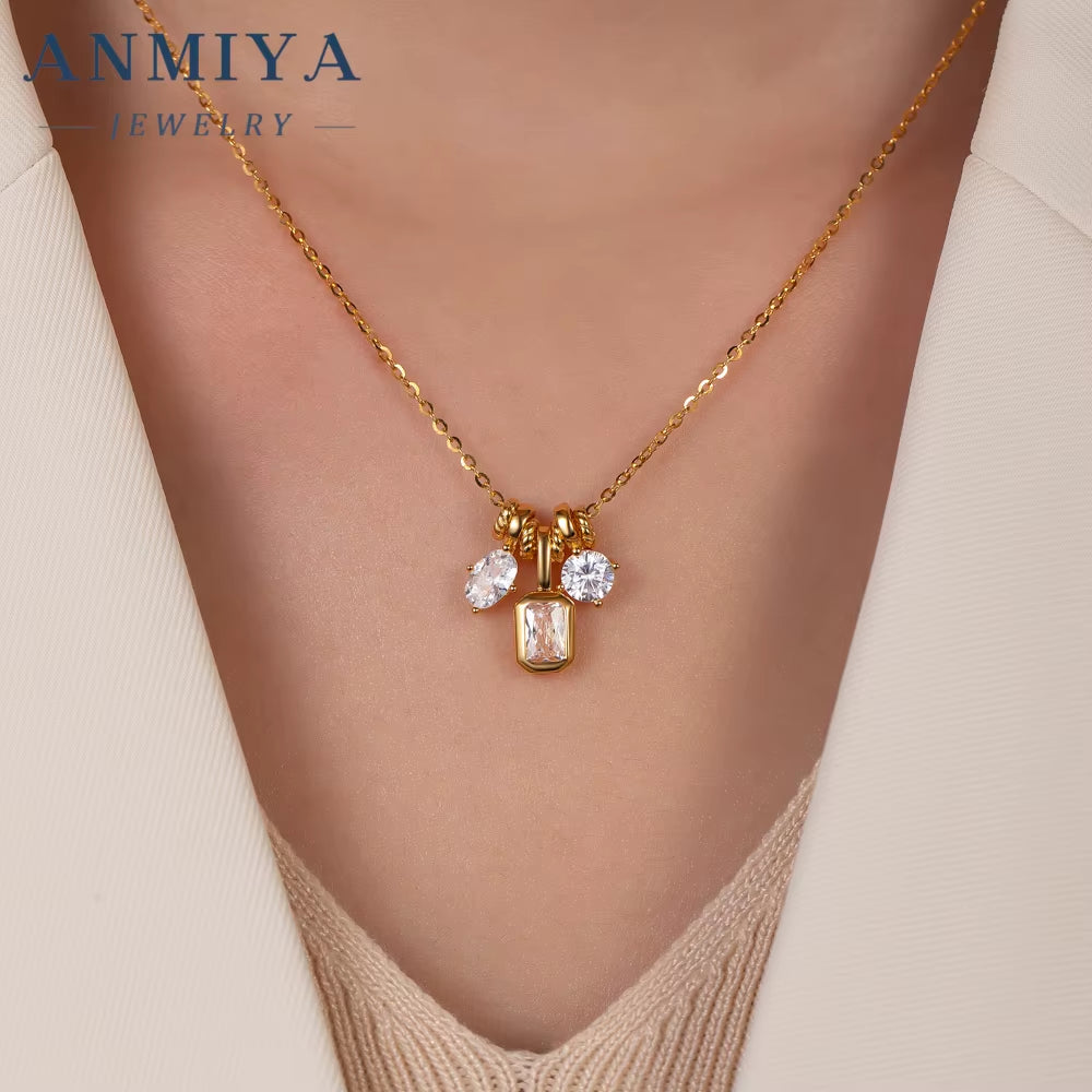 ANMIYA Customizable 14K Gold Plated Triple Zircon Pendant Necklace Delicate 925 Sterling Silver Women'S Jewelry for Parties