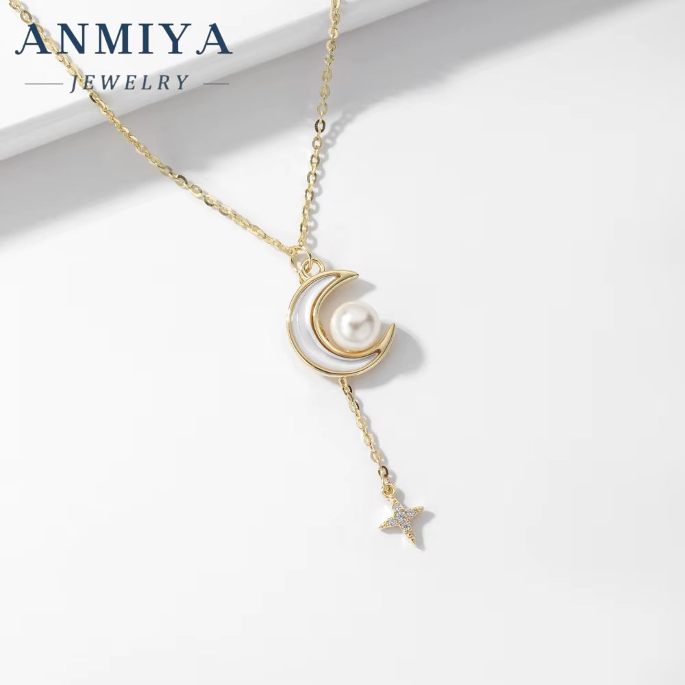 ANMIYA Adjustable Necklace Star and Moon with Freshwater Pearl Tassels 925 Silver Necklace for Women