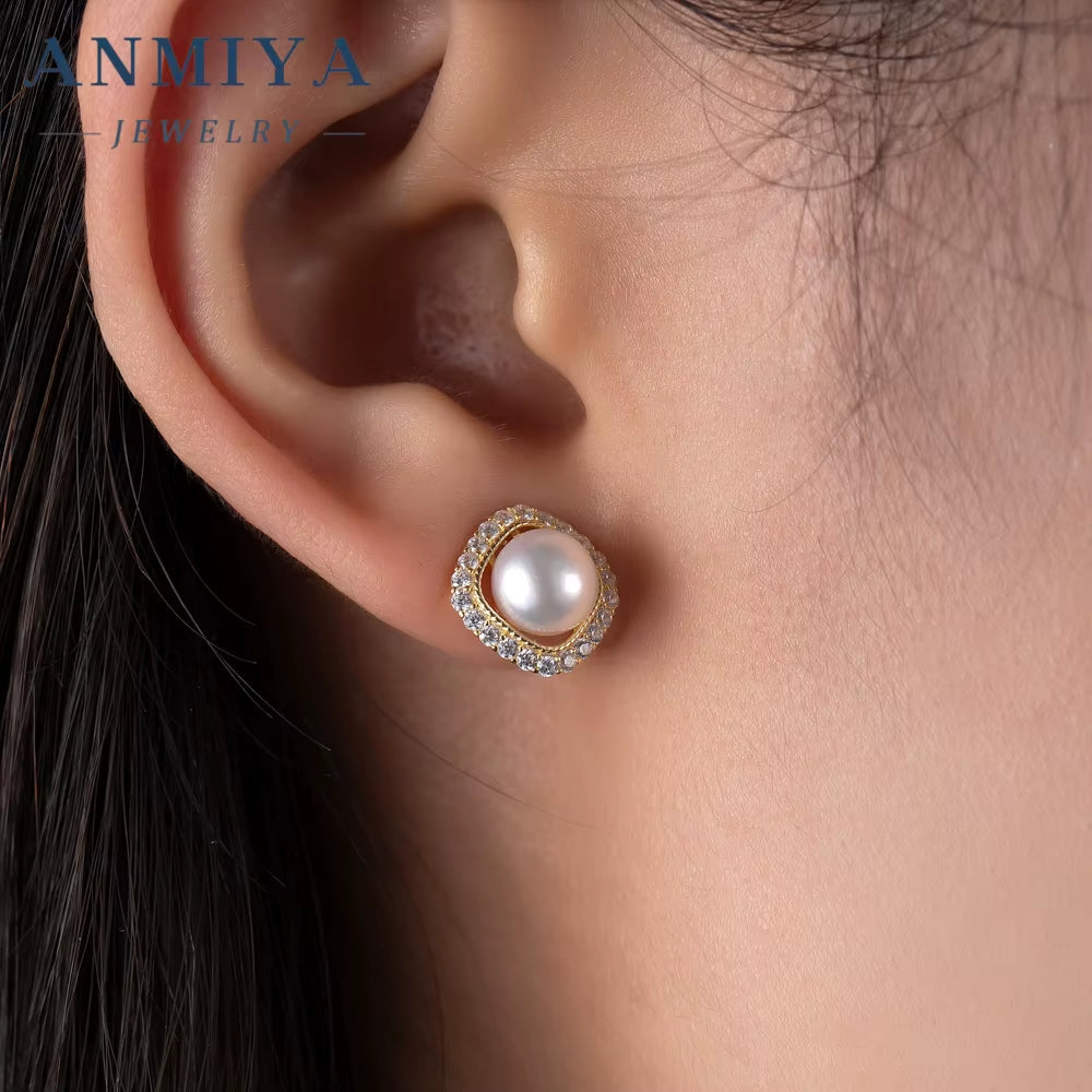 ANMIYA Square Zircon Stone round Pearl 925 Silver Custom Earrings Fresh Water Pearl Earrings Elegant Stud Earrings