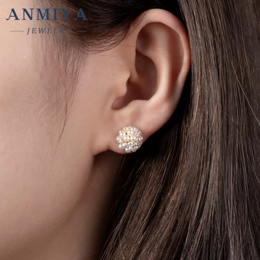 ANMIYA 2024 Earrings Women Plated 925 Sterling Silver CZ Pearl Flower Earrings