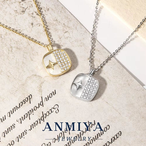 ANMIYA 925 Sterling Silver Minimalist Elegant Necklace Zircon White Shell Square Geometric Design Inoxidable Wedding