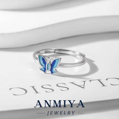 Wholesale Trendy S925 Blue Butterfly Ring, Adjustable Silver Jewelry Bulk Orders for Holiday Gifts, Beach Party