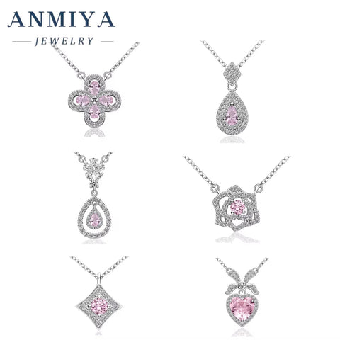 ANMIYA Pink Flower Ice Cut Zircon INS Trendy Fashion Crafted 925 Sterling Silver Necklaces for Women