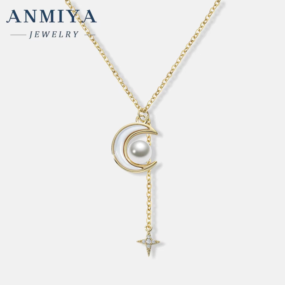 ANMIYA Adjustable Necklace Star and Moon with Freshwater Pearl Tassels 925 Silver Necklace for Women