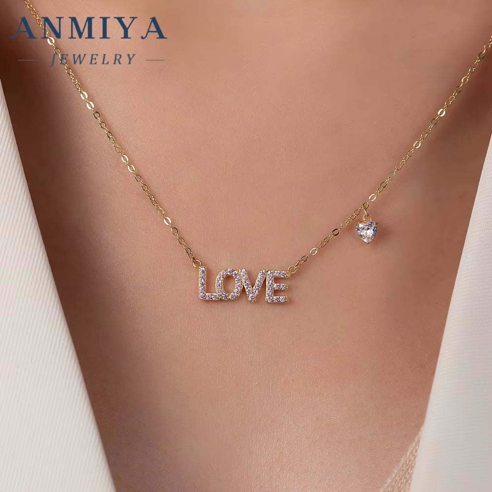 ANMIYA New Arrivals Rhinestone Necklace 925 Sterling Silver Necklace Love Letter Heart Pendant Necklace for Women