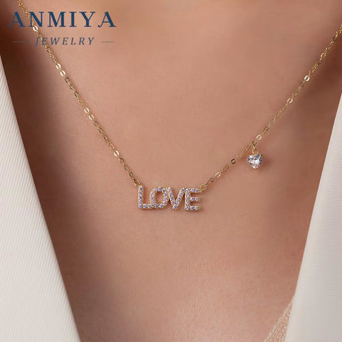 ANMIYA New Arrivals Rhinestone Necklace 925 Sterling Silver Necklace Love Letter Heart Pendant Necklace for Women