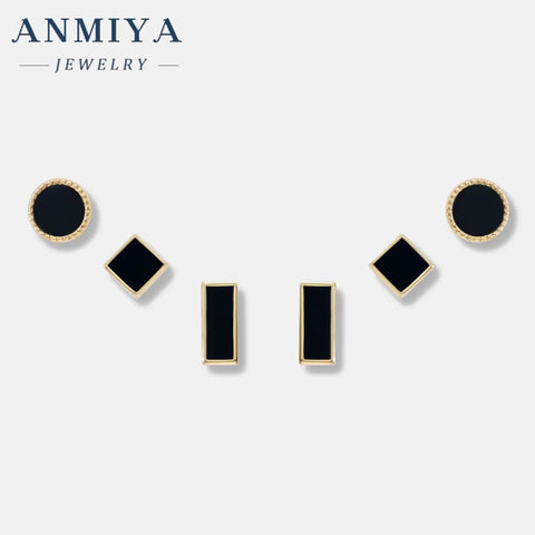 ANMIYA Geometric Shape round Squaer Black 925 Silver Vintage Piercings Stud Earrings 3 Pair for Women