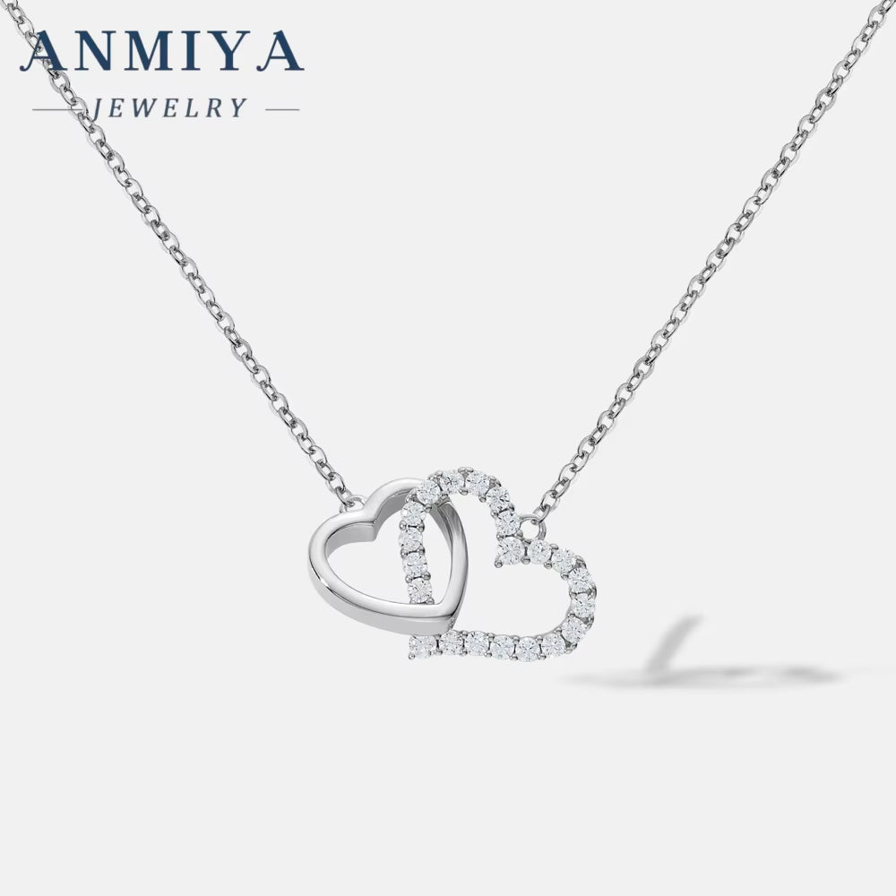 ANMIYA 925 Sterling Silver Heart-Shaped with Zircon Diamond Pendant Women Wedding Necklace Chain Couple