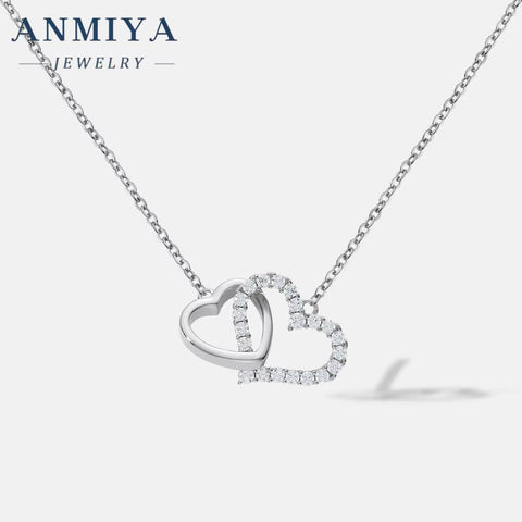 ANMIYA Women'S Wedding Necklace 925 Sterling Silver Heart-Shaped Pendant with Zircon Diamond 18K Gold Chains Jewelry