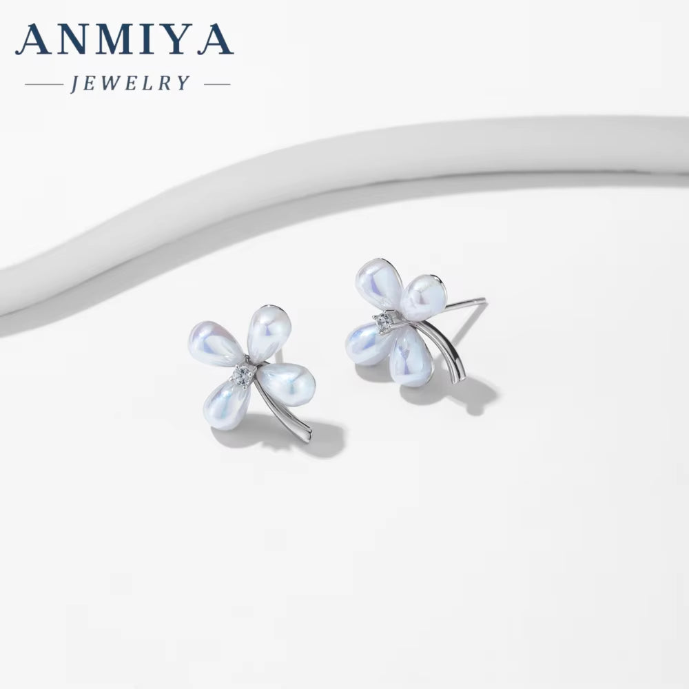 ANMIYA Earrings Silver 925 Sterling Women Zircon with Floral Stud Earrings for Girls
