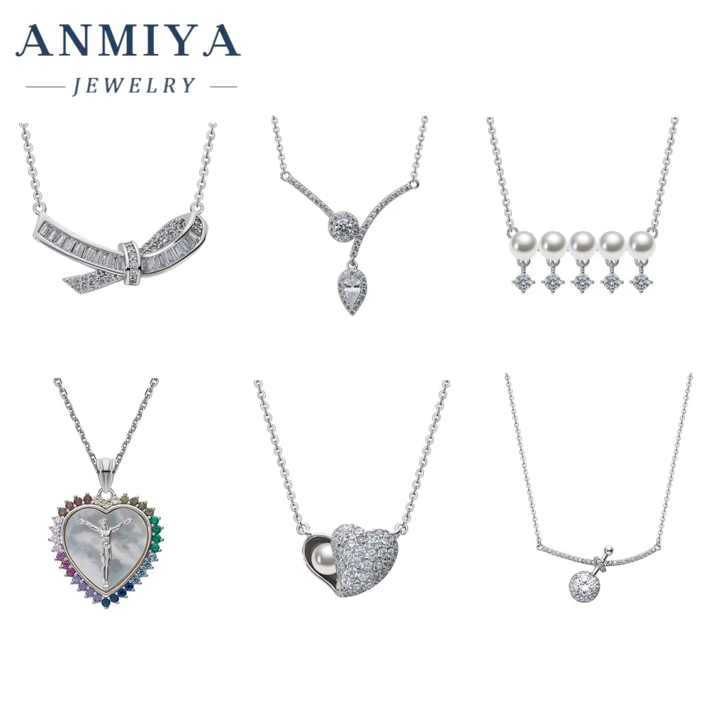 ANMIYA 925 Sterling Silver Fashion Jewelry Silver Heart Necklace Cubic Zirconia Pendant Necklace Jewelry Women