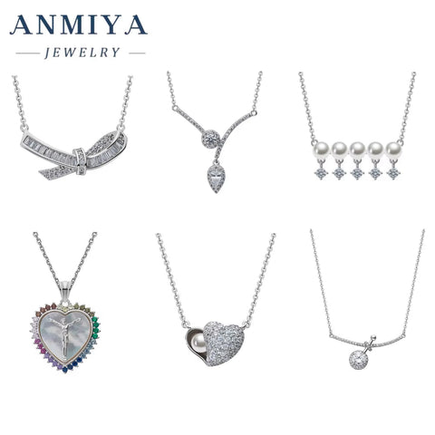 ANMIYA 925 Sterling Silver Fashion Jewelry Silver Heart Necklace Cubic Zirconia Pendant Necklace Jewelry Women
