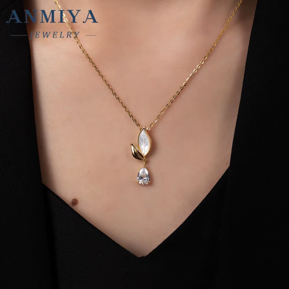 ANMIYA Long Leaf 18K Gold White Shell Drop Water Zircon 925 Silver Charm Pendant Necklace Earrings Set for Women