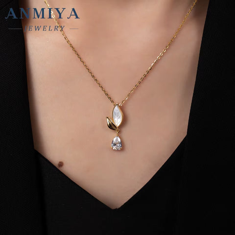 ANMIYA Long Leaf 18K Gold White Shell Drop Water Zircon 925 Silver Charm Pendant Necklace Earrings Set for Women