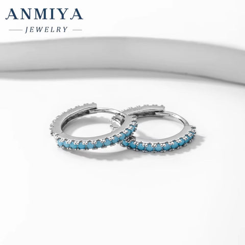 ANMIYA 925 Sterling Silver Hoop Earing 5A Zircon Blue Earrings Jewelry Earrings for Women