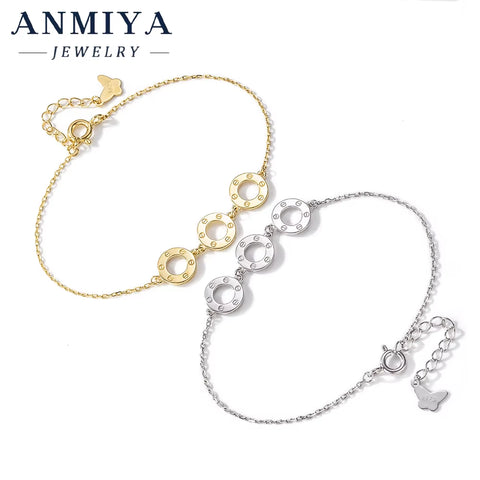 ANMIYA French Luxury Bracelet Three Hollow Out round Shape 18K Gold Friendship Bracelet 925 Silver