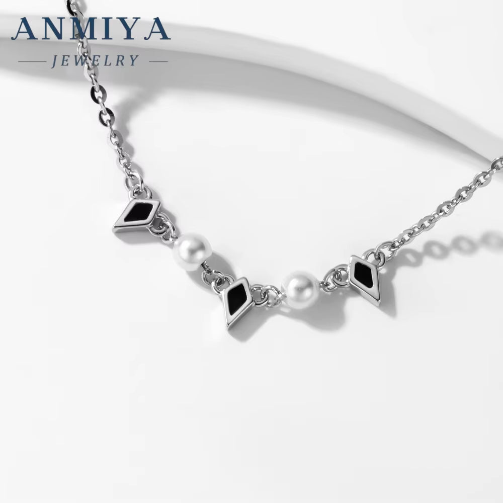 ANMIYA Fine 925 Silver Black Rhomboid Nature Fresh Water Pearl Necklace Jewelry Fashion for Women