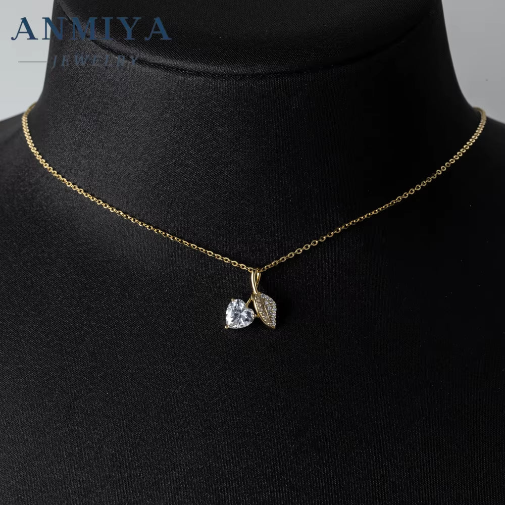 ANMIYA 18K Gold Leaf and Zircon Diamond Heart Shape 925 Silver Wholesale Unique Temperament Necklace for Women Fashion