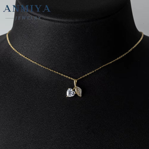 ANMIYA 18K Gold Leaf and Zircon Diamond Heart Shape 925 Silver Wholesale Unique Temperament Necklace for Women Fashion