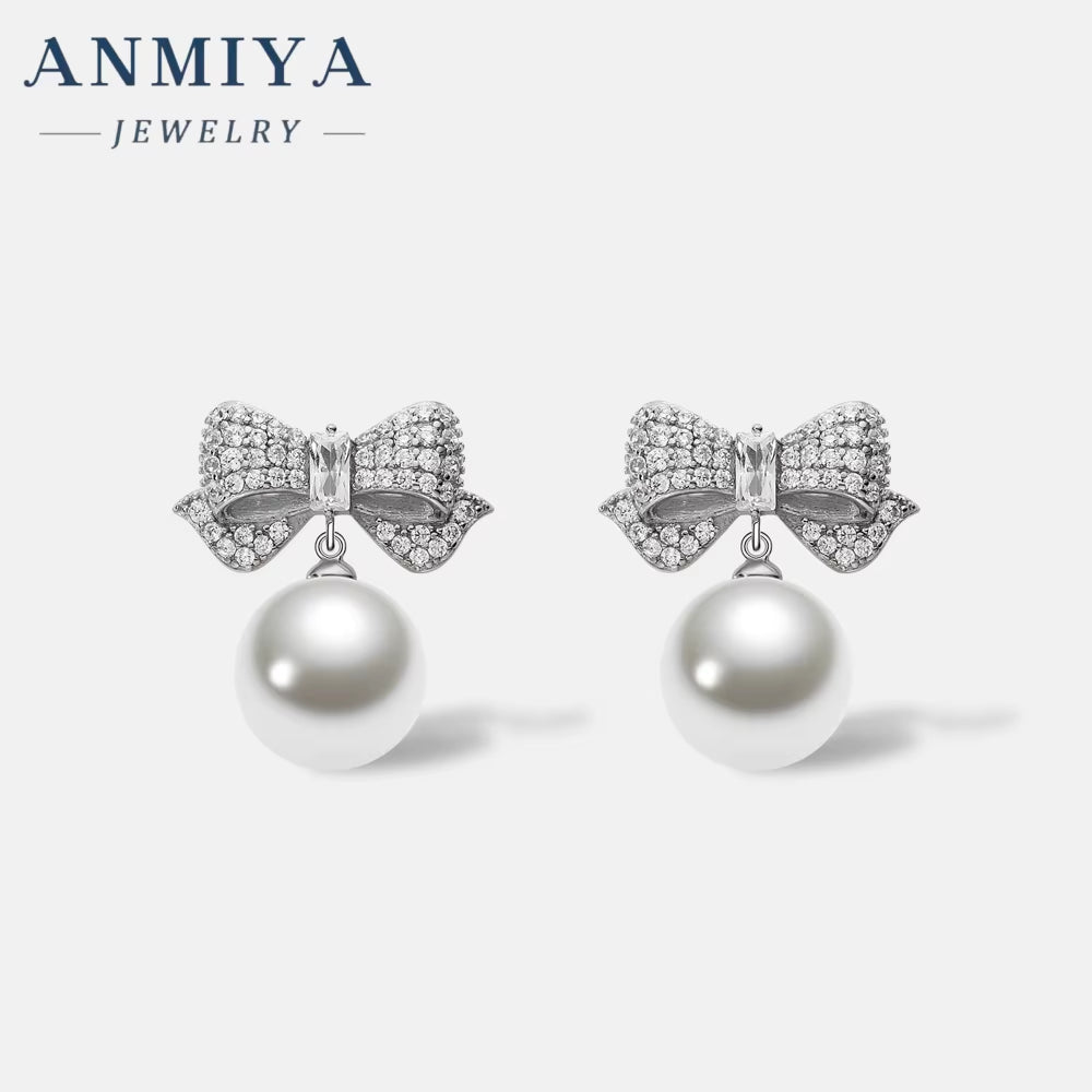 Wholesale Hypoallergenic Pearl Diamond Bow Dangle Shape Drop 925 Silver Plated Bow Earrings for Women