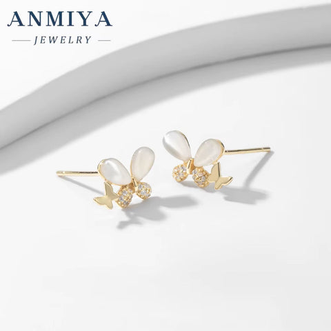 New 18K Gold Plated Luxury Design Minimalist Butterfly Shaped Fresh Water Pearls Earrings Zircon Stud Earrings