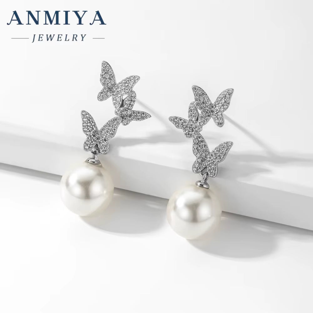 Manufacturer Statement Zircon Butterfly Fresh Water Pearl Stud Earrings for Anniversary Gift