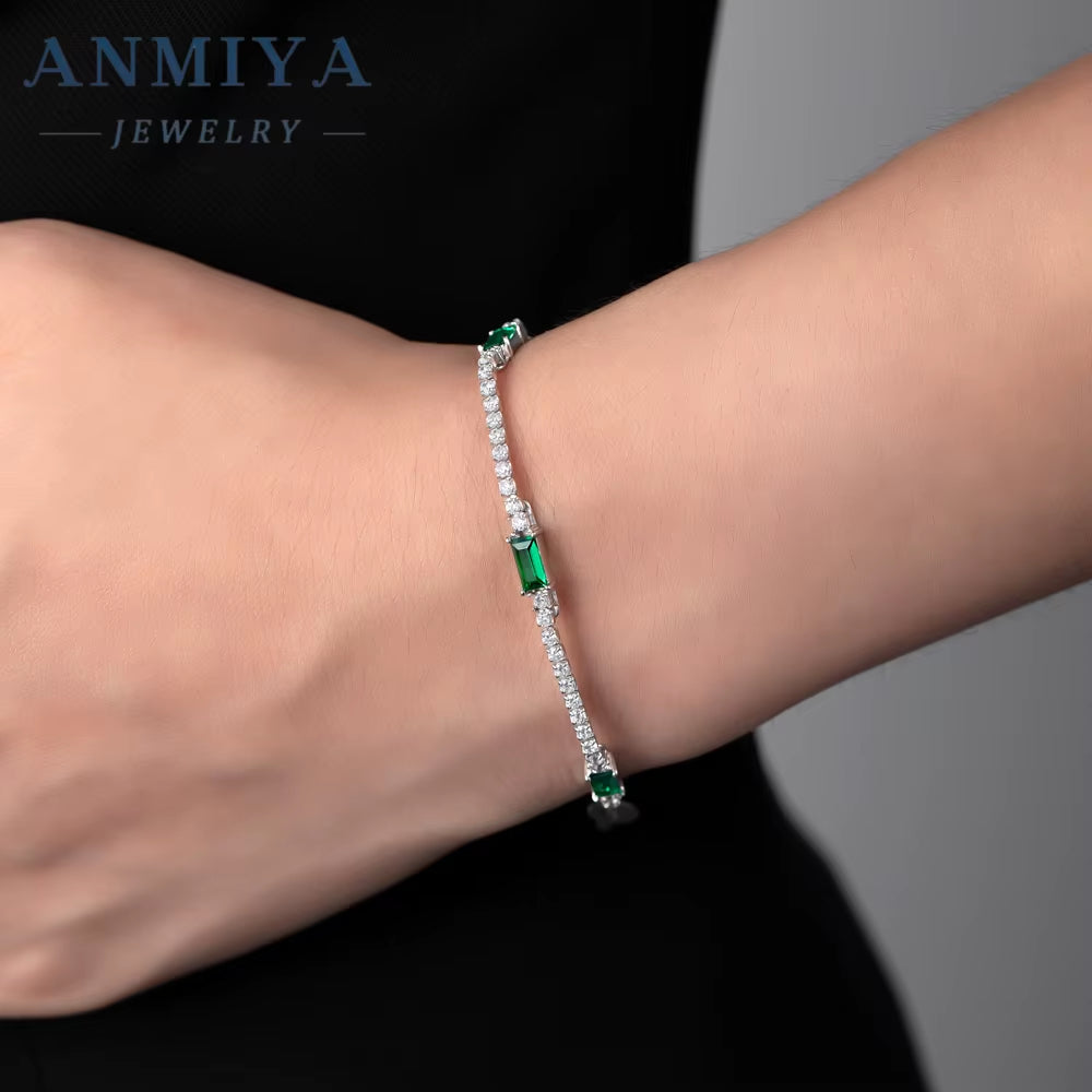 ANMIYA Green Zircon Bracelets Set Rhinestone Trendy Jewelry 925 Silver 18K Gold Bracelets for Women