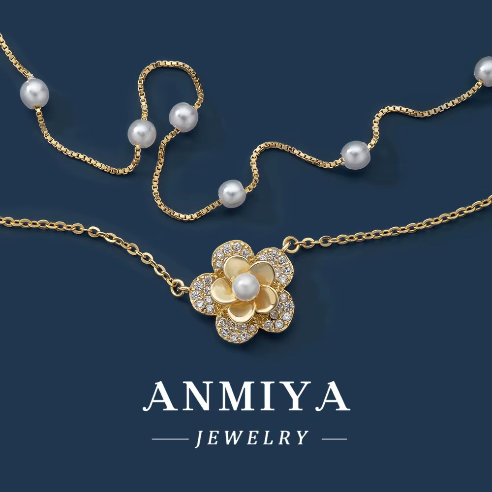 ANMIYA Fashion 18K Gold Plated 925 Sterling Silver Double Layer Flower Pearl Pendant Necklace Women