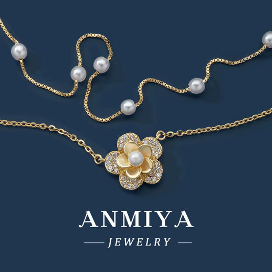 ANMIYA Fashion 18K Gold Plated 925 Sterling Silver Double Layer Flower Pearl Pendant Necklace Women