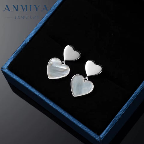 ANMIYA S925 Sterling Silver Korean Style White Shell Earrings 18K Gold Rose Gold Heart Shape Fashion Jewelry Earrings for Women