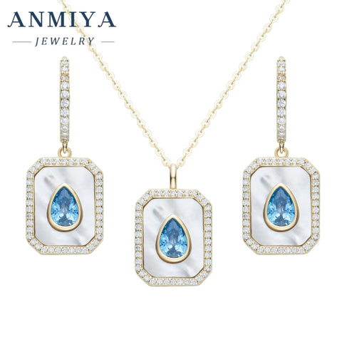 ANMIYA 925 Silver Square White Shell Blue Water Drop Zircon Hoop Earring and Necklace Jewelry Set for Gitf