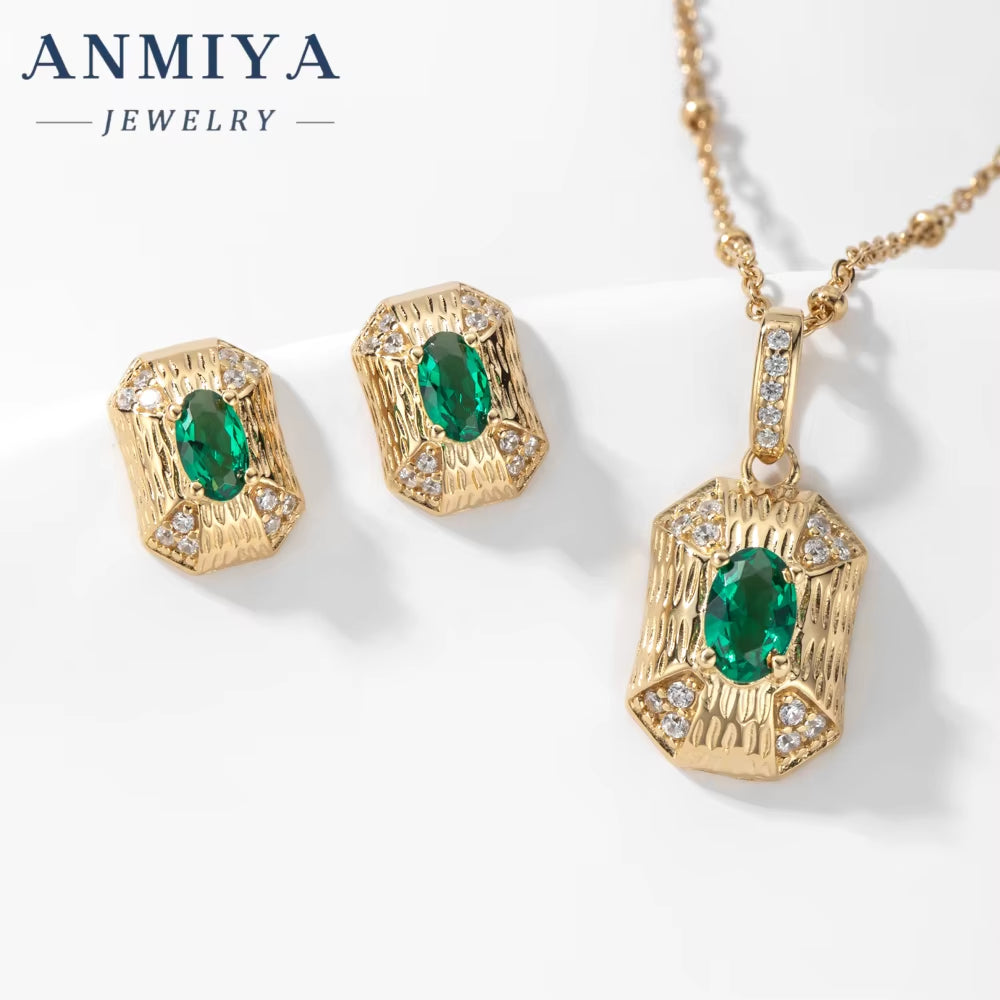 2024 New Green Square Necklace Earrings 925 Silver 18K Gold-Plated Zircon Fashion Jewelry Necklace Set for Women