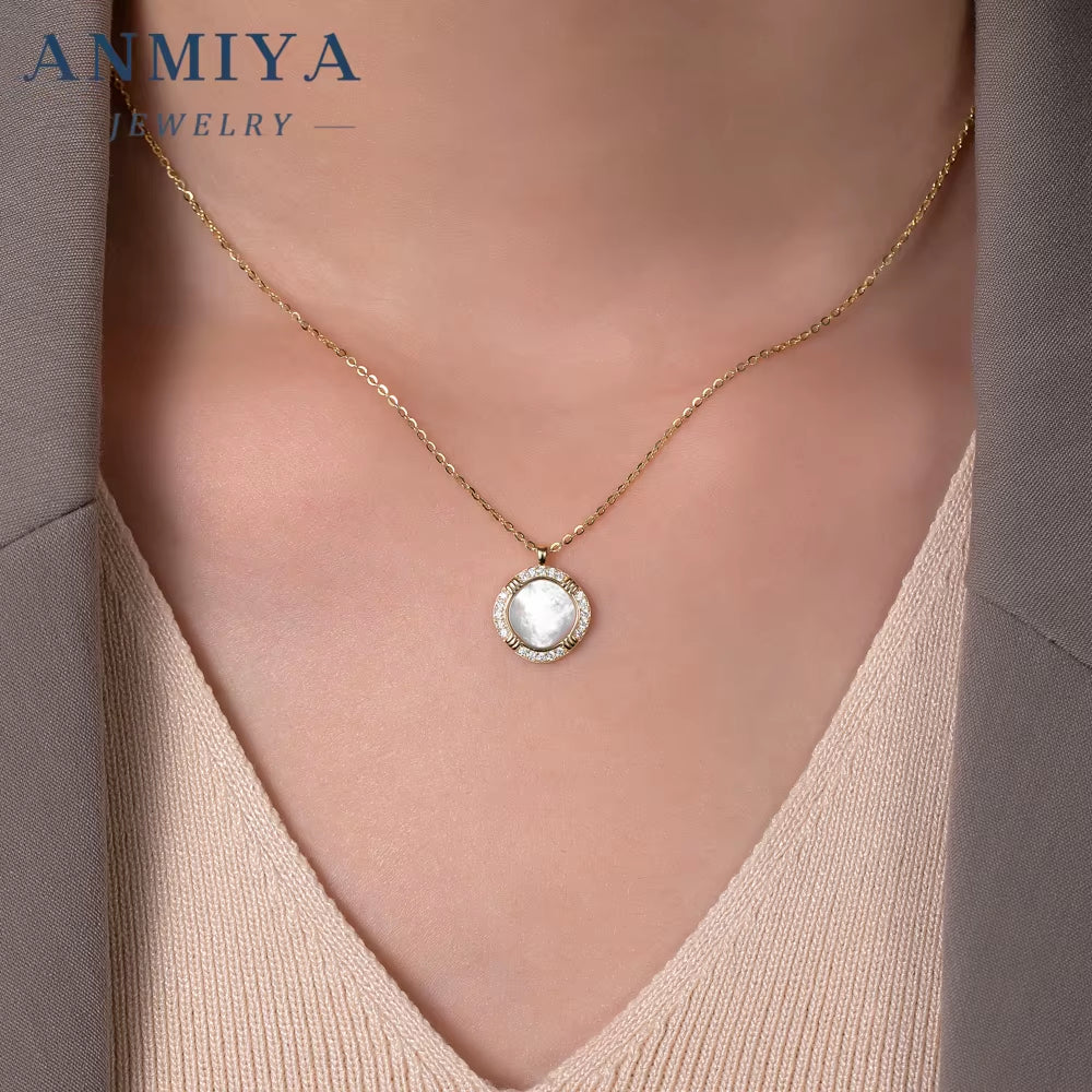ANMIYA 925 Sterling Silver 14K Gold-Plated round Pendant White Shell Elegant Design Necklaces