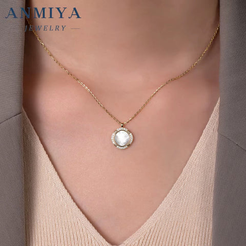 ANMIYA 925 Sterling Silver 14K Gold-Plated round Pendant White Shell Elegant Design Necklaces