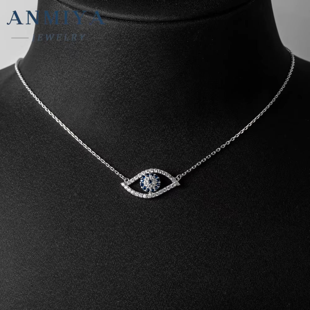 ANMIYA Fashion Blue Color Eye Pendant Necklace Women Simple 925 Sterling Silver Eye Necklace