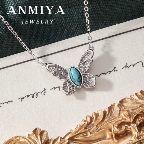 ANMIYA Women'S Trendy 925 Sterling Silver Butterfly Necklace 18K Gold Link Chain with Zircon and Turquoise Stone