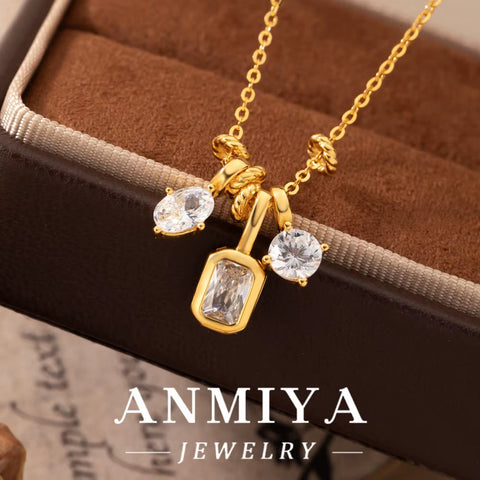 ANMIYA Customizable 14K Gold Plated Triple Zircon Pendant Necklace Delicate 925 Sterling Silver Women'S Jewelry for Parties