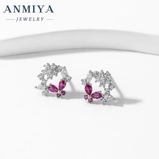 Wholesale Fashion 925 Sterling Silver Purple Zircon Butterfly Hollow Out Stud Earrings for Women