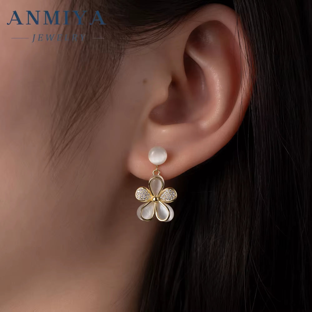 ANMIYA 925 Silver Necklace Women'S Fashion Zircon Flower Charm Pendant Necklace Earrings Set