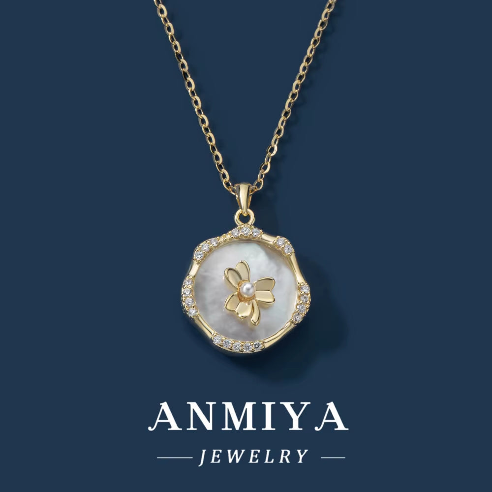 Minimalist 18K Gold Luck Four Leaf Clover round White Shell Necklace 925 Silver Necklace