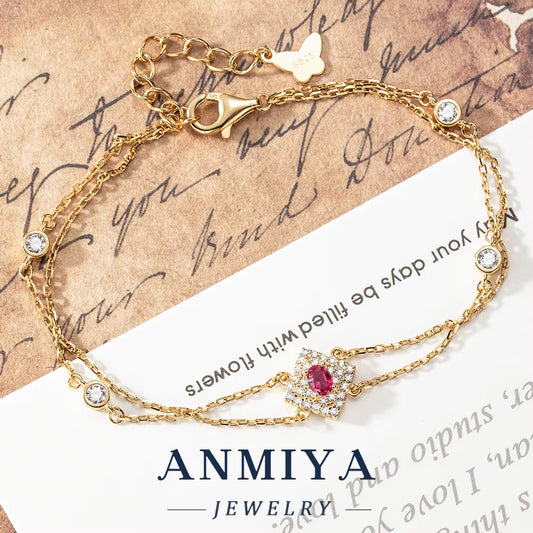 925 Silver Jewelry Geometric Clover Bracelet Double Layer with Garnet Stone Modern Bridal Jewelry for Jewelry Wholesalers