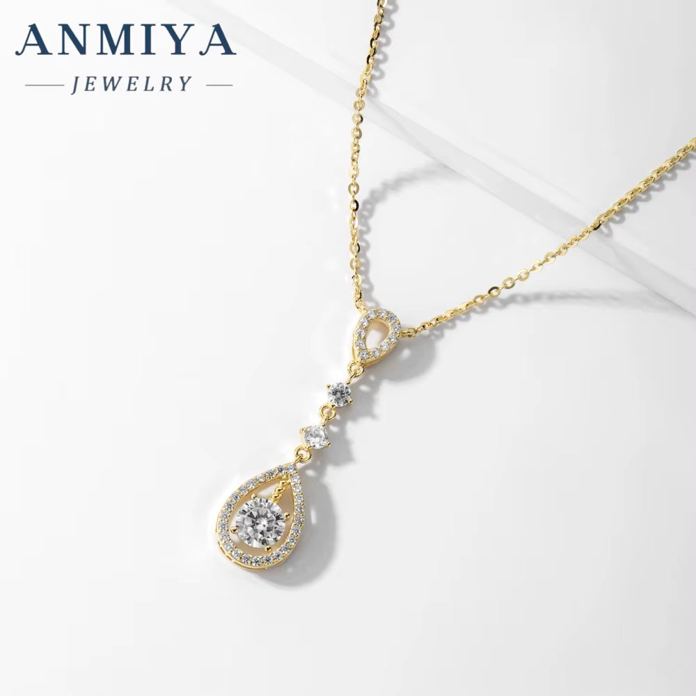 ANMIYA Original 925 Sterling Silver Long Tassel Pear Shape CZ Chain Necklace for Women Wedding Party Jewelry