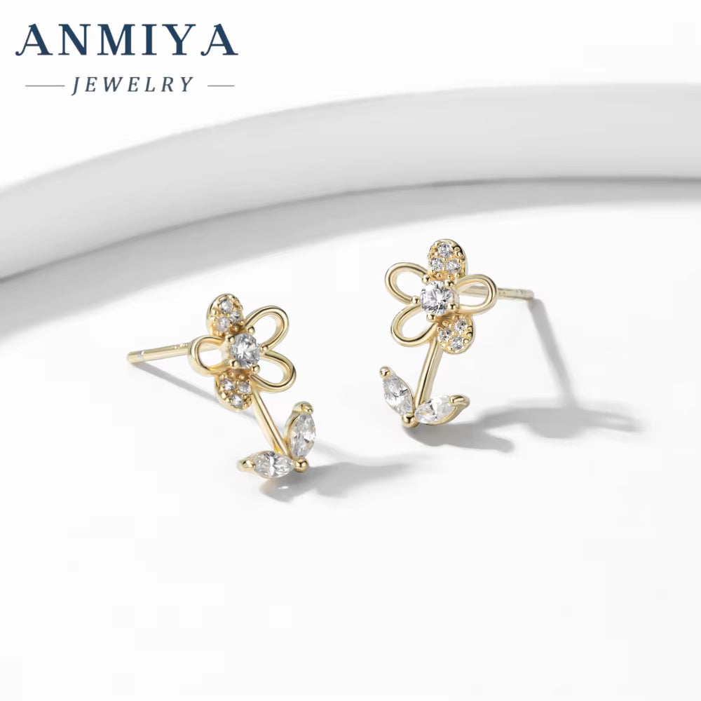 ANMIYA New Fashion 925 Sterling Silver Cute Flower Ear Stud Earrings Studs for Women Jewelry