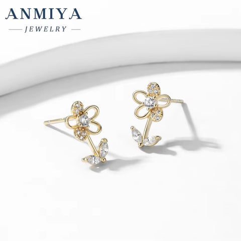 ANMIYA New Fashion 925 Sterling Silver Cute Flower Ear Stud Earrings Studs for Women Jewelry
