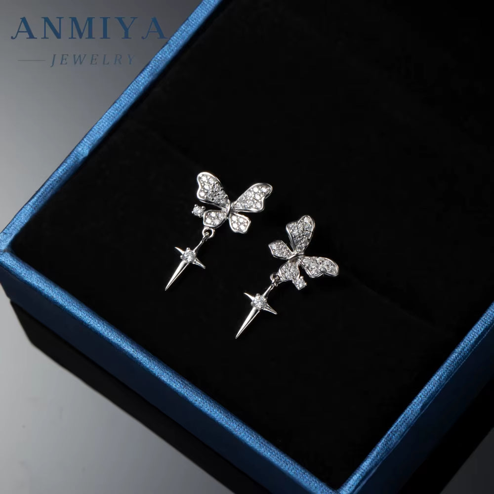 ANMIYA CZ Zircon Butterflies Earrings with Tassel 925 Silver Butterflies Pendant Earrings Gift for Daily Jewelry