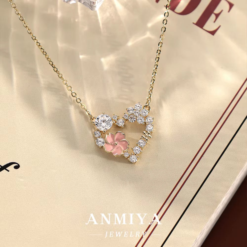 ANMIYA Fine Jewelry 925 Sterling Silver Gold Plated Pink Zircon Heart Necklace for Lover